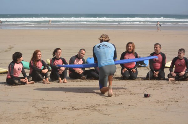 Kaboti Surf instructor with group of students on the beach in Lanzarote