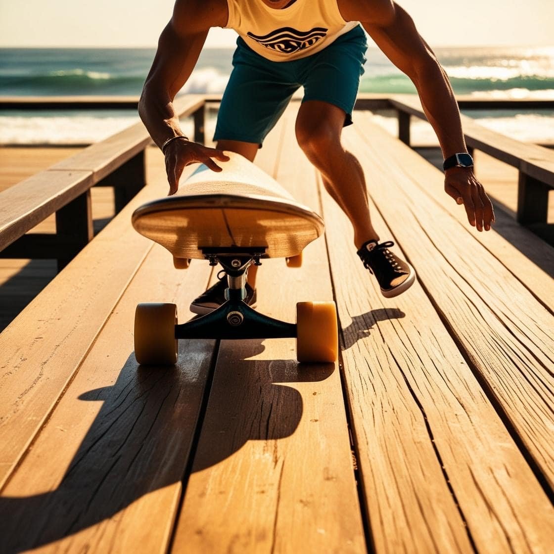 Surfskate session on a boardwalk near the ocean